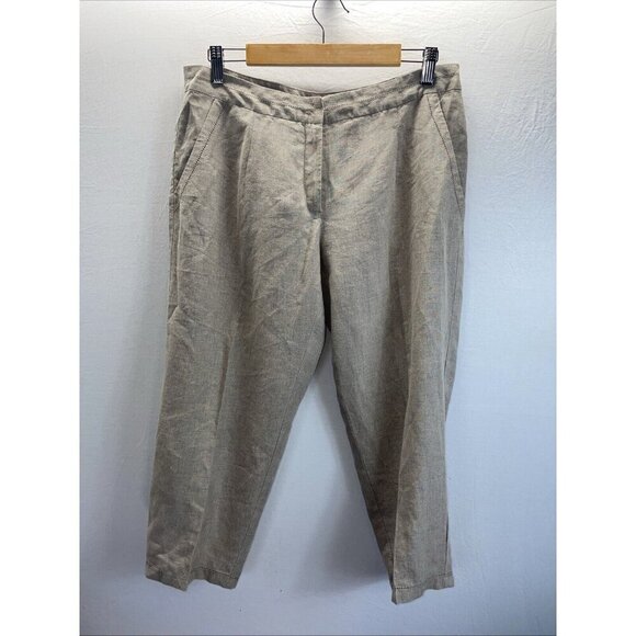 Eileen Fisher Pants Womens size L Tan Linen straight Leg Crop pockets organic - Picture 1 of 11